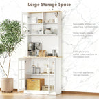 Oak+White Large Countertop Kitchen Pantry Cabinet, Freestanding Storage Cabinet with Hutch & Glass Doors, Adjustable Shelves Cabinet for Kitchen Living Room, 31.5x14.5x72 Inches