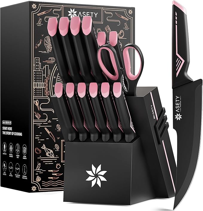 Knife Set - 15 PCS Kitchen Knife Set with Built-in Knife Sharpener Block - Stainless Steel Knife Block Set - Dishwasher Safe, Elegant Box for Men Women, Pink