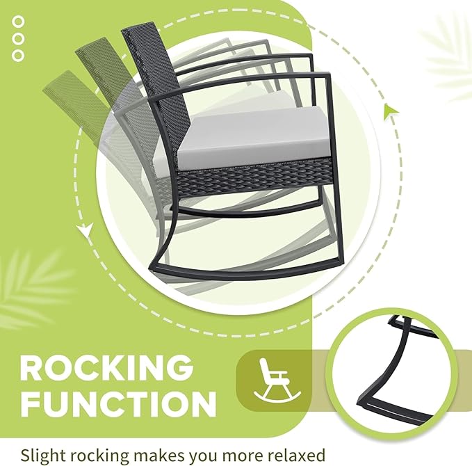 Homall Patio Furniture Set 3 Piece Resin Outdoor Bistro Set Rocking Patio Chairs with Cushions and Table for Porch, Poolside, Balcony and Yard (White)
