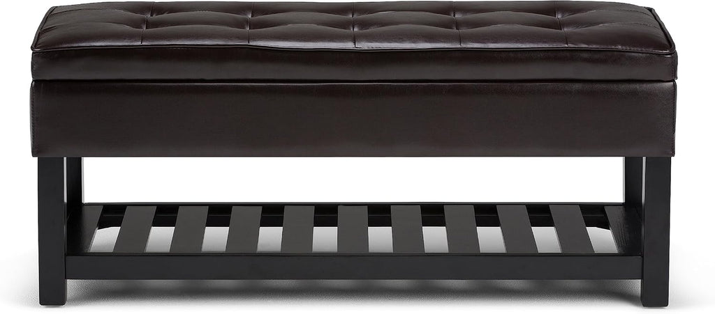 SIMPLIHOME Cosmopolitan 44" Wide Vegan Leather Storage Ottoman in Brown | Tanners brown, transitional storage ottoman bench with tufted lift-top and open shelf; rectangle footstool or footrest.