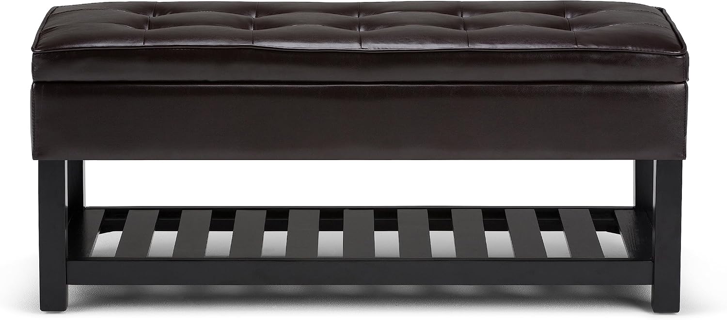 SIMPLIHOME Cosmopolitan 44" Wide Vegan Leather Storage Ottoman in Brown | Tanners brown, transitional storage ottoman bench with tufted lift-top and open shelf; rectangle footstool or footrest.