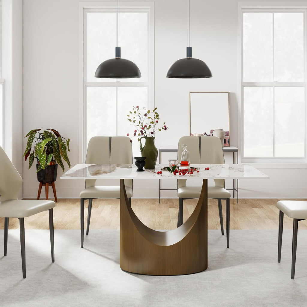 55" Modern Dining Table for 4-6, White Rectangle Dining Table, Sintered Stone Dining Tabletop with U-Shape Carbon Steel Pedestal (Table Only)