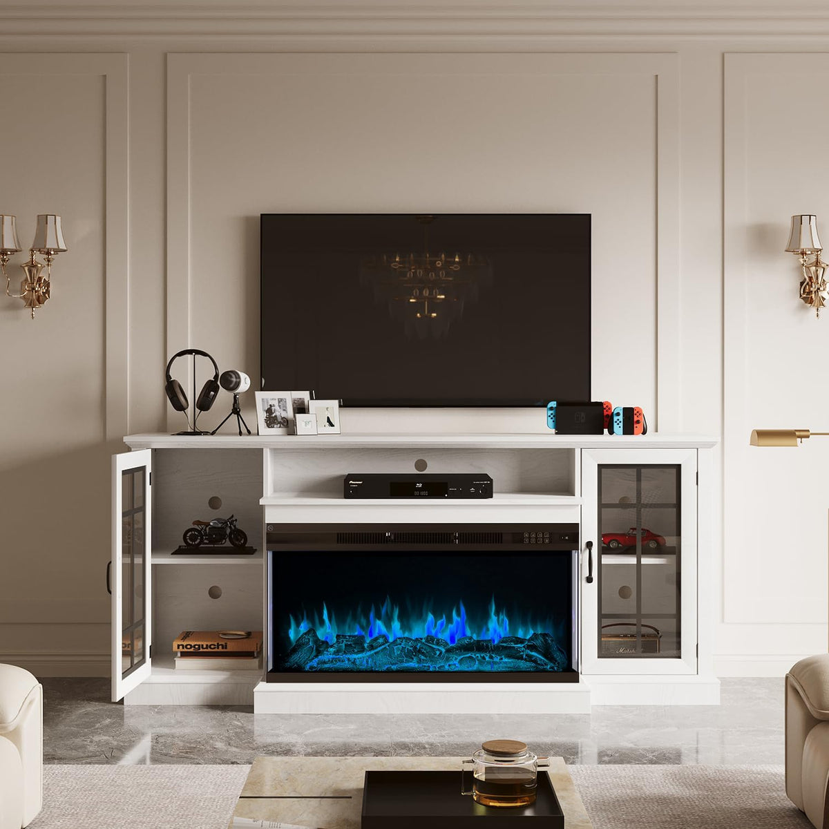 Aoxun 70 Inch TV Stand with 36 Inch Electric Fireplace, 3-Sided Glass TV Console for TVs up to 80", Rustic Media Entertainment Center with Closed Storage Doors, White