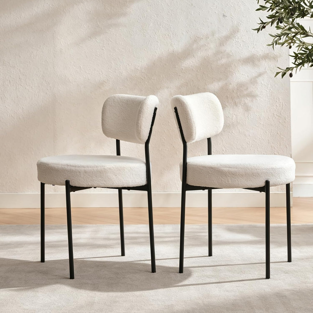 White Boucle Dining Chairs Set of 4, Modern Dining Room Chair with Larger Curved Backrest & Sturdy Metal Legs, Sturdy Construction Round Upholstered Dining Chairs for Kitchen, Living Room