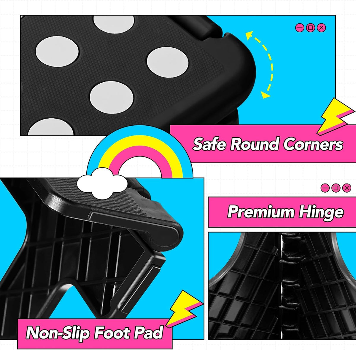 Delxo 13 inch 2 Pack Folding Step Stool, Non-Slip Foldable Stools Up to 300 LBS, Step Stool with Handle, Lightweight Collapsible stools for Kitchen, Bathroom, Bedroom, Garden (Black)