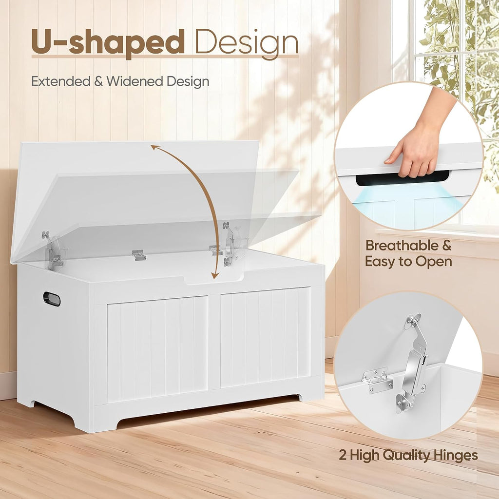 SUPER DEAL Storage Chest, 39 inches Chest Box Organizer with 2 Safety Hinges, Wooden Entryway Shoe Organizer Storage Bench, White