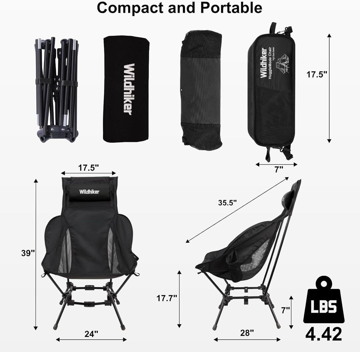 Wildhiker Compact High Back Camping Chair - Foldable with Dual Sitting Modes, Pillow, Arm Pads and Side Pockets - Lightweight Portable Chair for Motorcycle, RV, Festival, Travel - Black