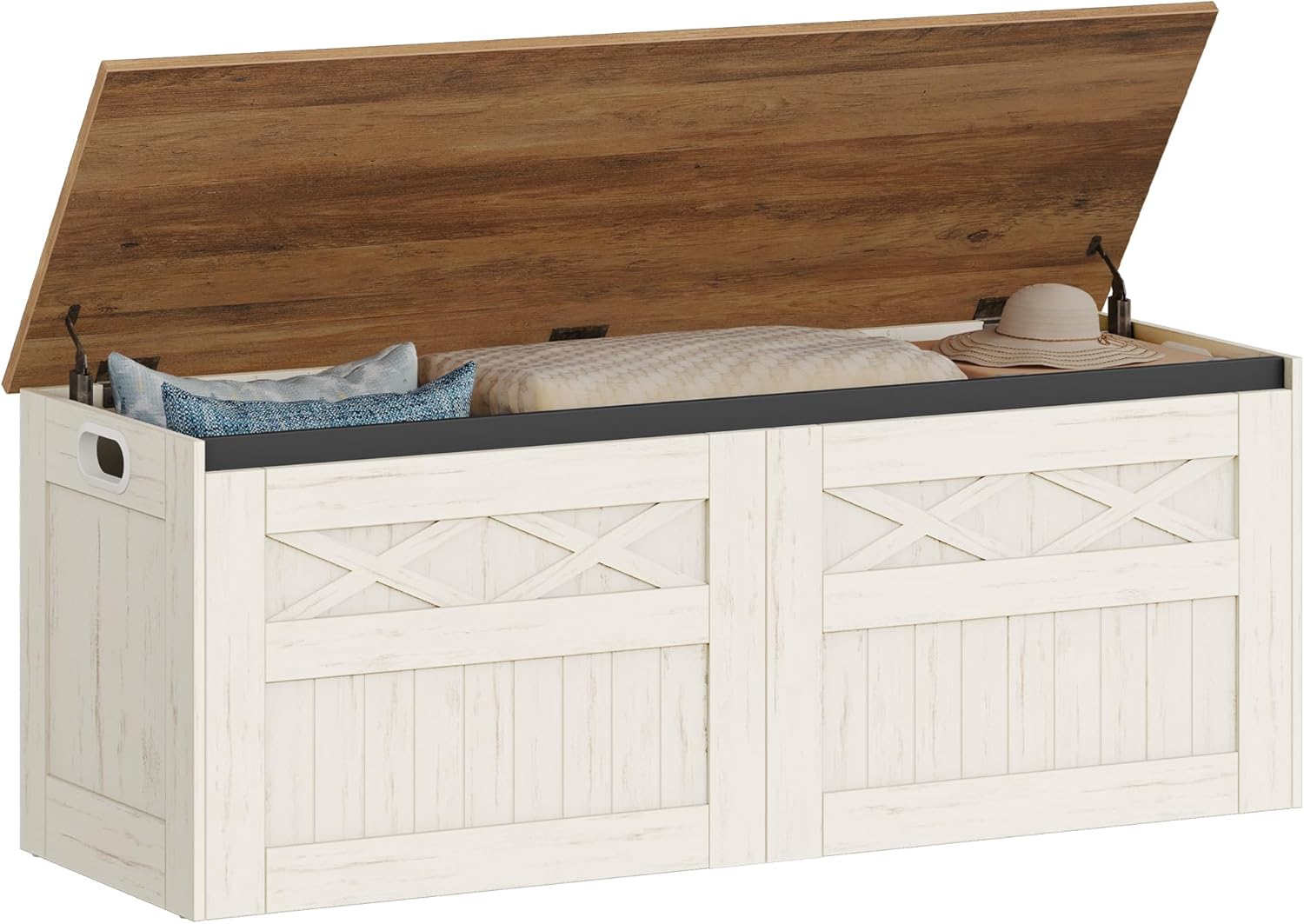 Hzuaneri 47.2" Storage Chest, Large Storage Bench with 2 Hinges, Farmhouse Wooden Box Bench, Lift-Top Organizer Chest, Wooden Bed End Bench, Suitable for Entryway, Bedroom, Retro White SB51214X