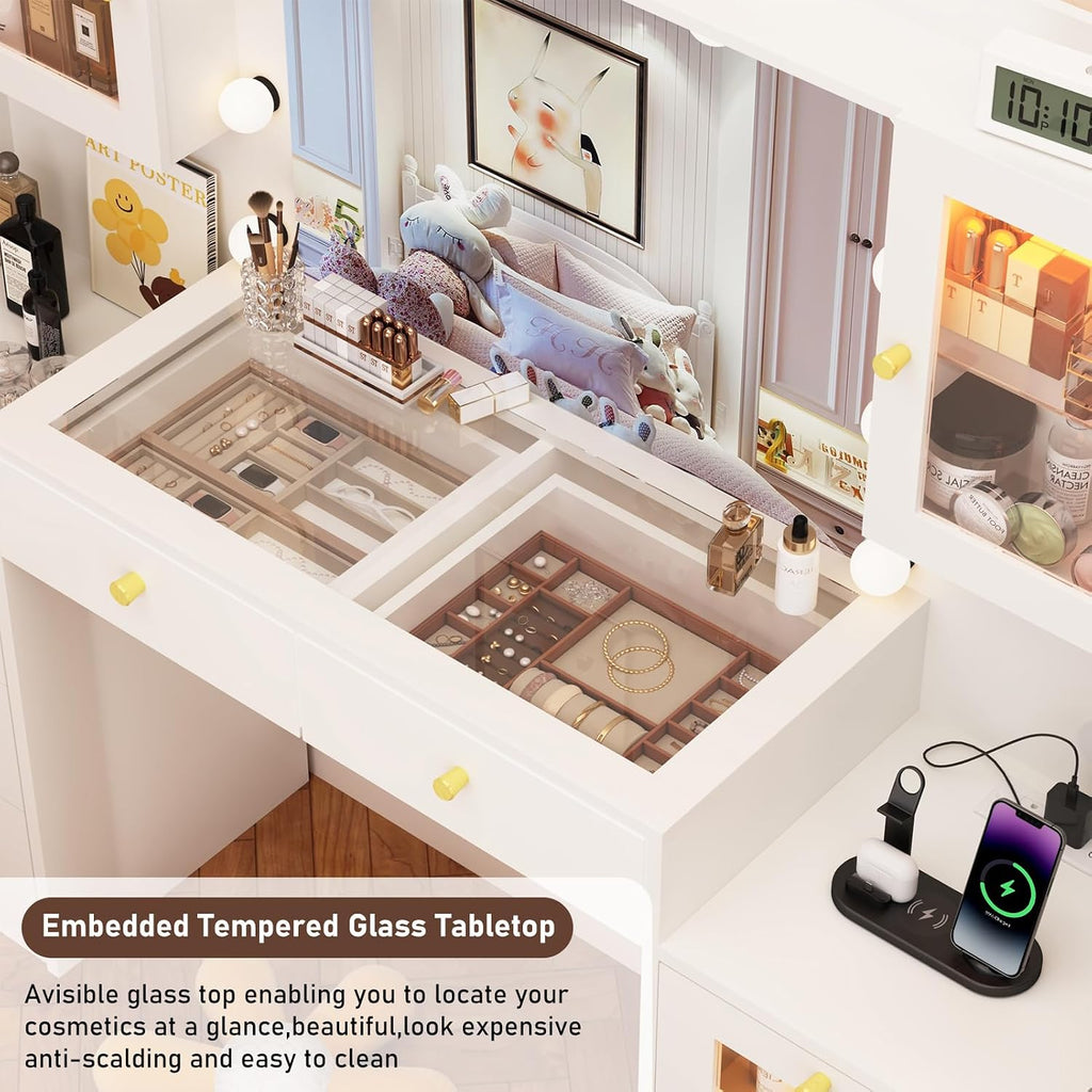 62 Inch Large Makeup Vanity Desk with Mirror and Lights 3 Color Lighting, Glass Top Vanity Table with Power Outlet and RGB Glass Cabinet, 8 Drawers Dressing Table for Bedroom and Dressing Room, White