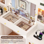62 Inch Large Makeup Vanity Desk with Mirror and Lights 3 Color Lighting, Glass Top Vanity Table with Power Outlet and RGB Glass Cabinet, 8 Drawers Dressing Table for Bedroom and Dressing Room, White