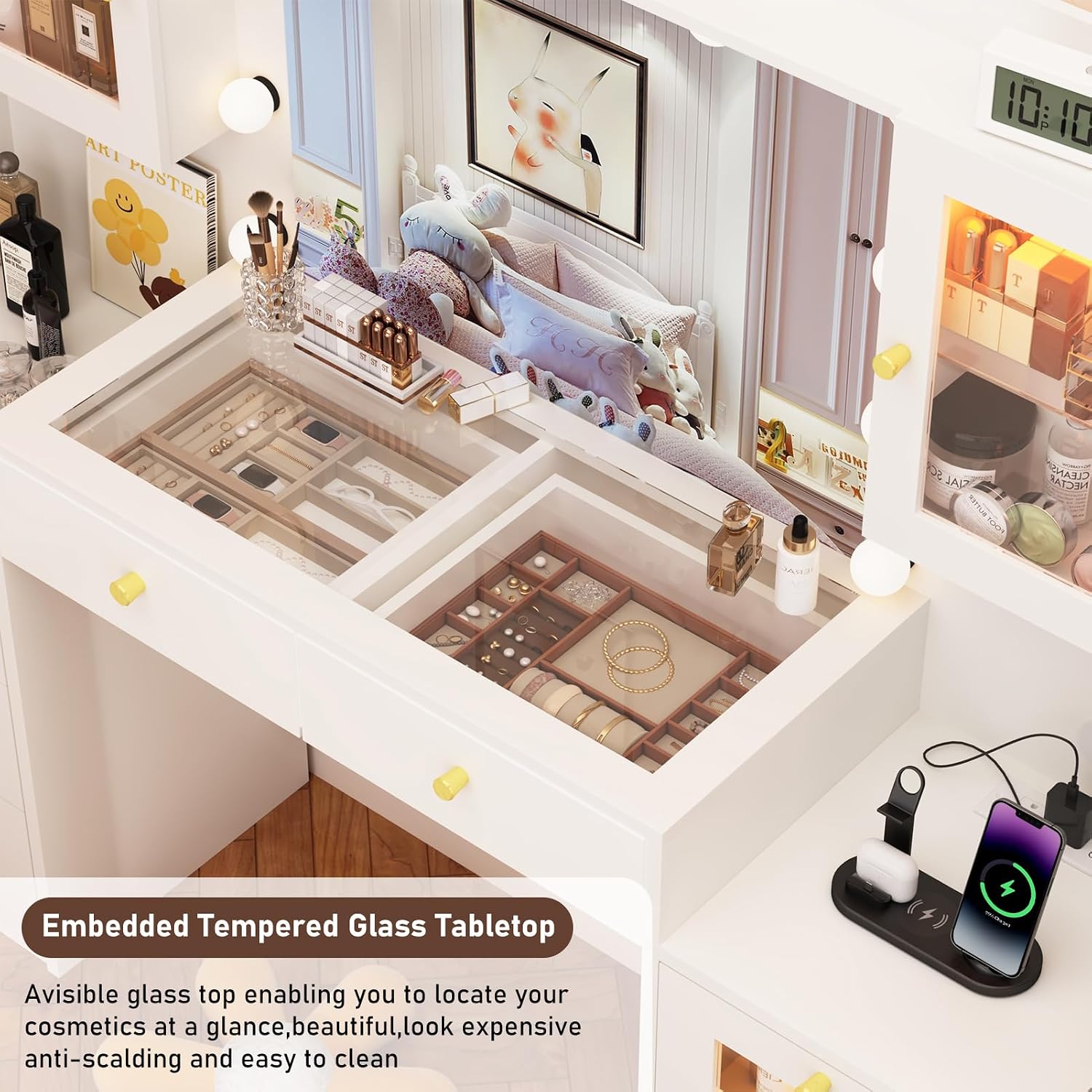 62 Inch Large Makeup Vanity Desk with Mirror and Lights 3 Color Lighting, Glass Top Vanity Table with Power Outlet and RGB Glass Cabinet, 8 Drawers Dressing Table for Bedroom and Dressing Room, White