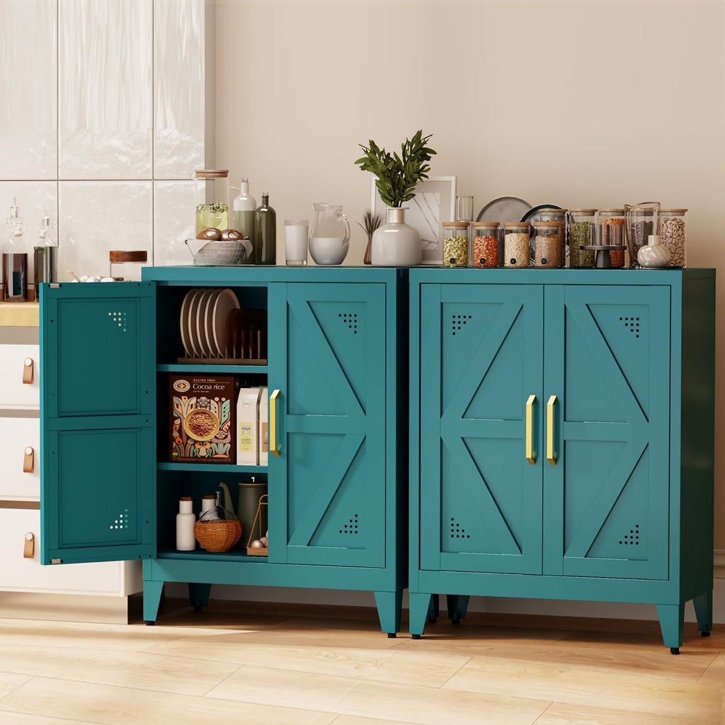 32" Metal Kitchen Pantry Cabinet,Floor Bathroom Storage Cabinet with 2 Adjustable Shelves,Freestanding Sideboard for Small Spaces, Living Room, Hallway, Dining Room,Blue
