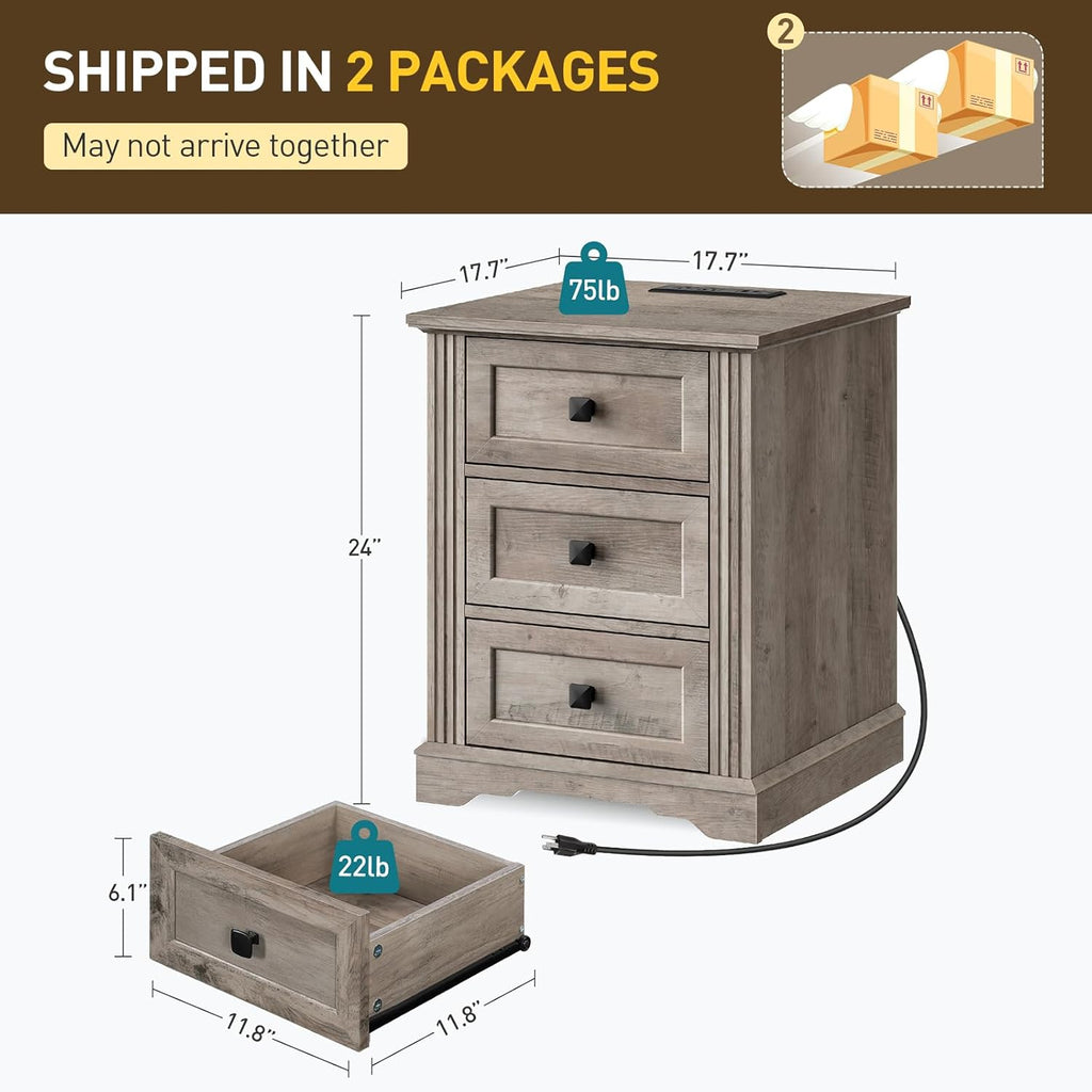 RALGEND Nightstand Set of 2, Night Stand with 3 Drawers, 18 Inch Wide End Table with Charging Station, Farmhouse Nightstand, Bedside End Tables Living Room, Bedroom, Greige