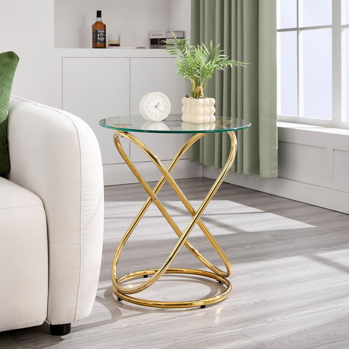 BECHAEO 19.7" Round Glass Gold Side Table with Gold-Plated Metal Ring-Shaped Frame for Living Room, Modern Round Glass End Table Nightstand for Bedroom, Small Side Table for Small Spaces