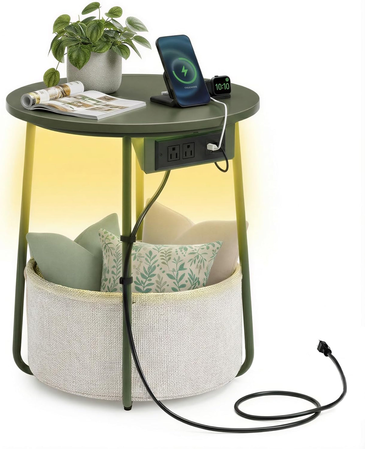 VASAGLE LILEA Collection - Side Table with Charging Station, Round End Table with Fabric Basket, LED Nightstand with USB Ports, Modern, for Living Room, Forest Green and Cream White ULET227C01