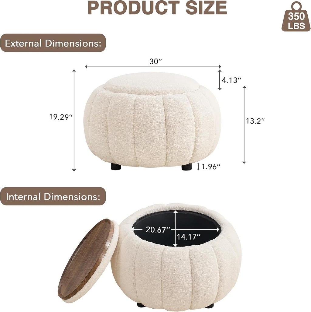 30 Inch Round Storage Ottoman Coffee Table for Living Room, Bedroom | Teddy Fabric , Anti-Slip Lid, ottoman foot rest, Pumpkin Shape