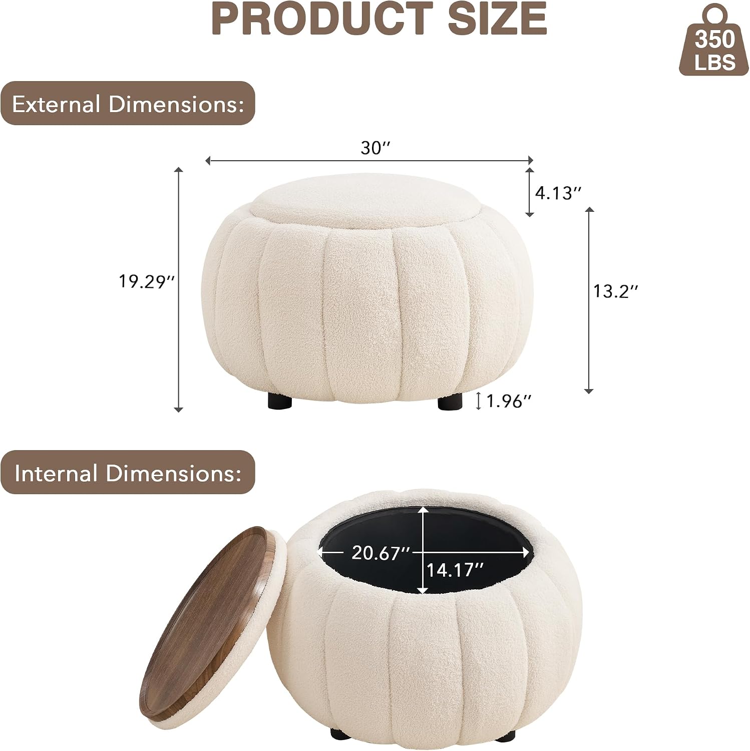 30 Inch Round Storage Ottoman Coffee Table for Living Room, Bedroom | Teddy Fabric , Anti-Slip Lid, ottoman foot rest, Pumpkin Shape