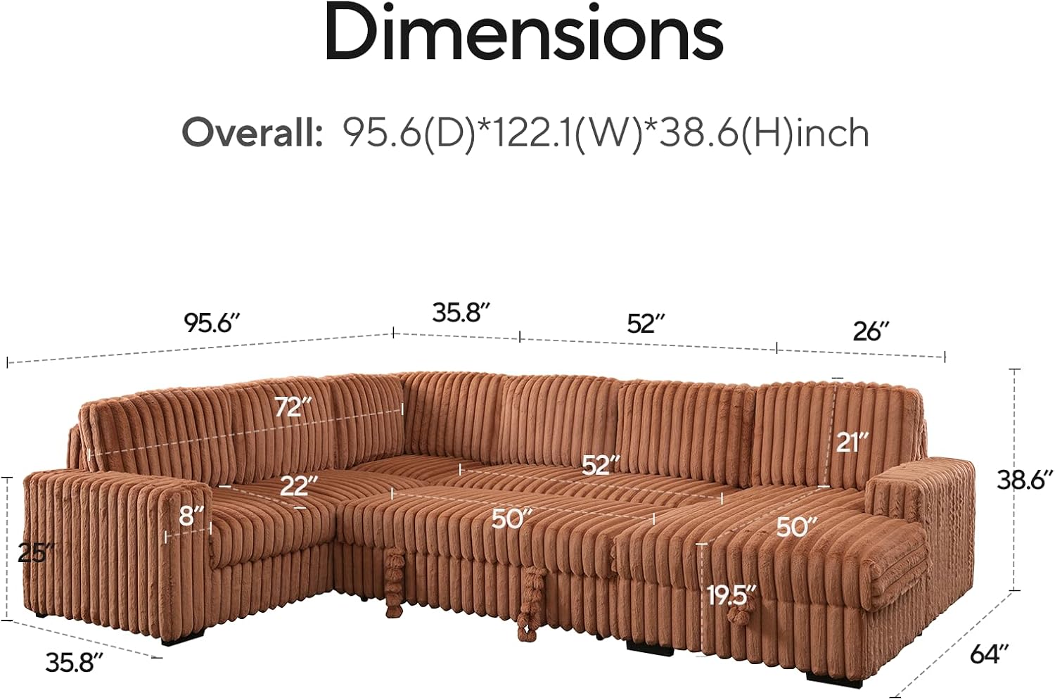 122'' Convertible U-Shaped Faux Rabbit Fur Plush Sectional Sleeper Sofa, Upholstered Cloud Couch Pull-Out Sofa Bed with Storage Chaise for Living Room (Orange, 122'' x 95.6'')