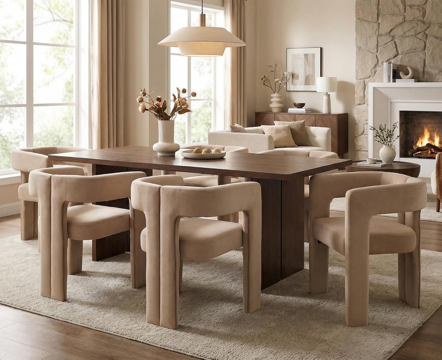 CIMOTA Modern Barrel Dining Chairs Set of 4, Velvet Fabric Upholstered Accent Chairs with Arms/Wood Legs/Open Back, Designer Kitchen Chairs for Living/Reception/Dining Room, Khaki