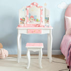 Kids Vanity with Lights, Princess Girls Vanity Set with 3-Color LED Lighted, 2 in 1 Wooden Toddler Vanity Table & Chair Set Mirror and Stool for Little Girls