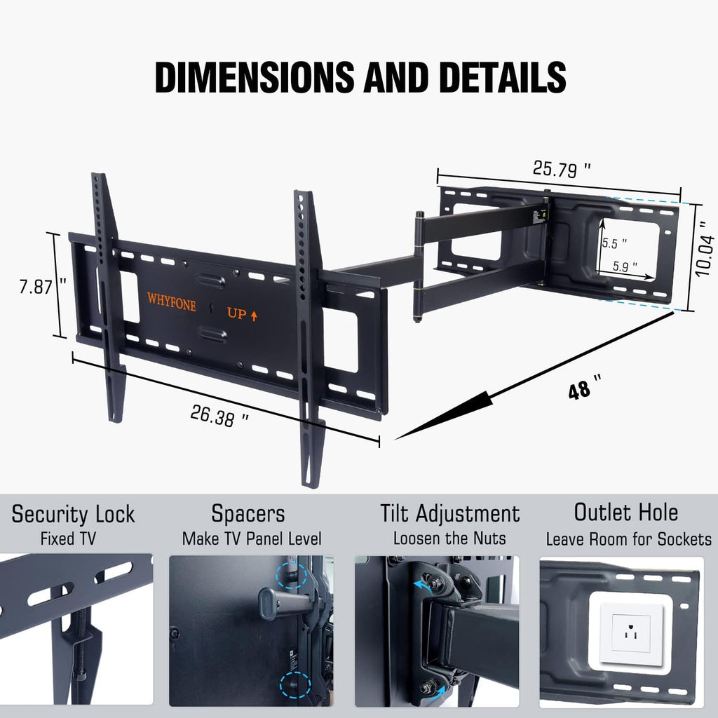 48'' Extension Extra Long Arm TV Wall Mount, Heavy Duty Full Motion TV Wall Mount for 37 to70,75,77,80,85'' Screens, Max VESA 600x400mm, Hold 110 lbs, 16''-24'' Wood Studs/Concrete/Brick Wall, WHYFONE