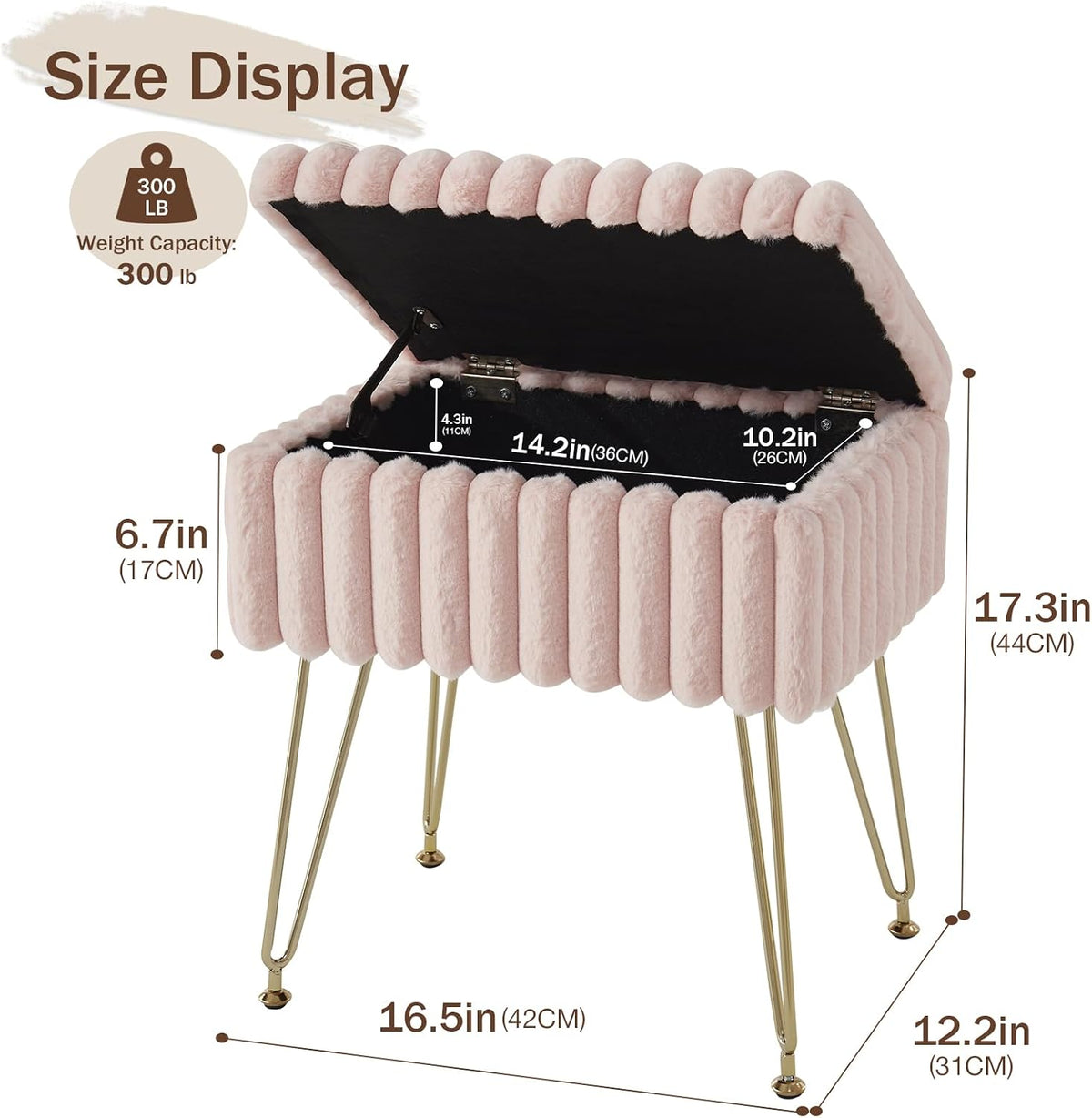 EBENCHICO Vanity Stool Chair with Storage, Faux Fur Stools for Vanity | Makeup Ottoman, Foot Stool, with 4 Metal Legs, Adjustable Feet, Small Vanity Bench, for Living Room Bedroom, Pink