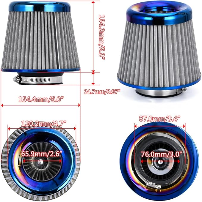 PTNHZ Universal Burnt Blue Neck 3" 76mm Car High Flow Cold Air Intake Air Filter Power Intake Air Inlet System Mushroom Head Air Cleaner