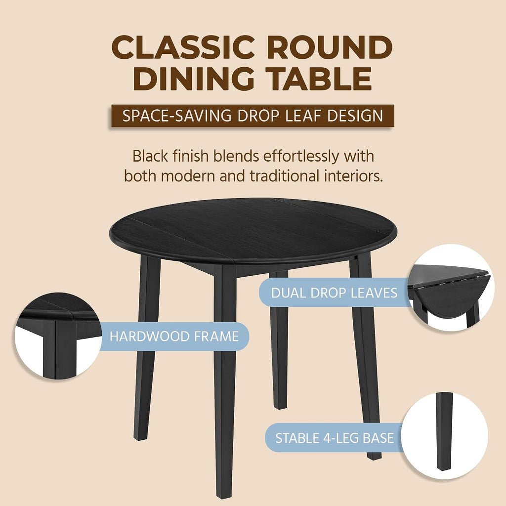 ROME + OAK Hinged Drop Leaf Dining Table, 22-36 Inch Round Tabletop with Sturdy Base, Black - Modern Solid Wooden Furniture Piece for Home