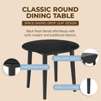 ROME + OAK Hinged Drop Leaf Dining Table, 22-36 Inch Round Tabletop with Sturdy Base, Black - Modern Solid Wooden Furniture Piece for Home