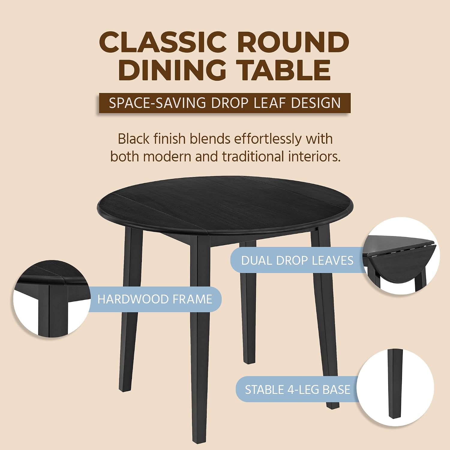 ROME + OAK Hinged Drop Leaf Dining Table, 22-36 Inch Round Tabletop with Sturdy Base, Black - Modern Solid Wooden Furniture Piece for Home