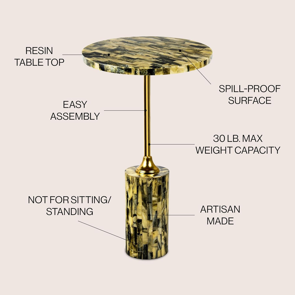 JONATHAN Y Hedda Gold Iron 23.5" Round Pedestal Drink Table with Yellow and Black Mosaic Top, Art Deco Candlestick Accent Side Table for Small Spaces, Living Room, Bedroom END1001A