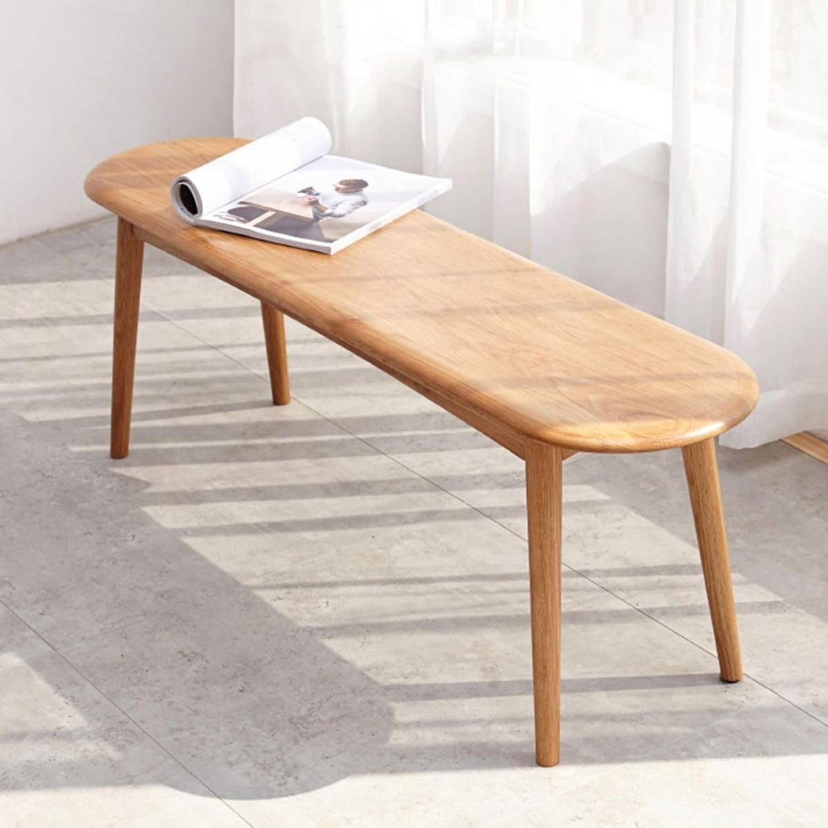 47'' 100% Solid Oak Wood Dining Bench,Rounded Corner Baguette Shape Chair Surface Design,Entryway Bedroom Bed End Bench (47.3inch, Natural Oak)