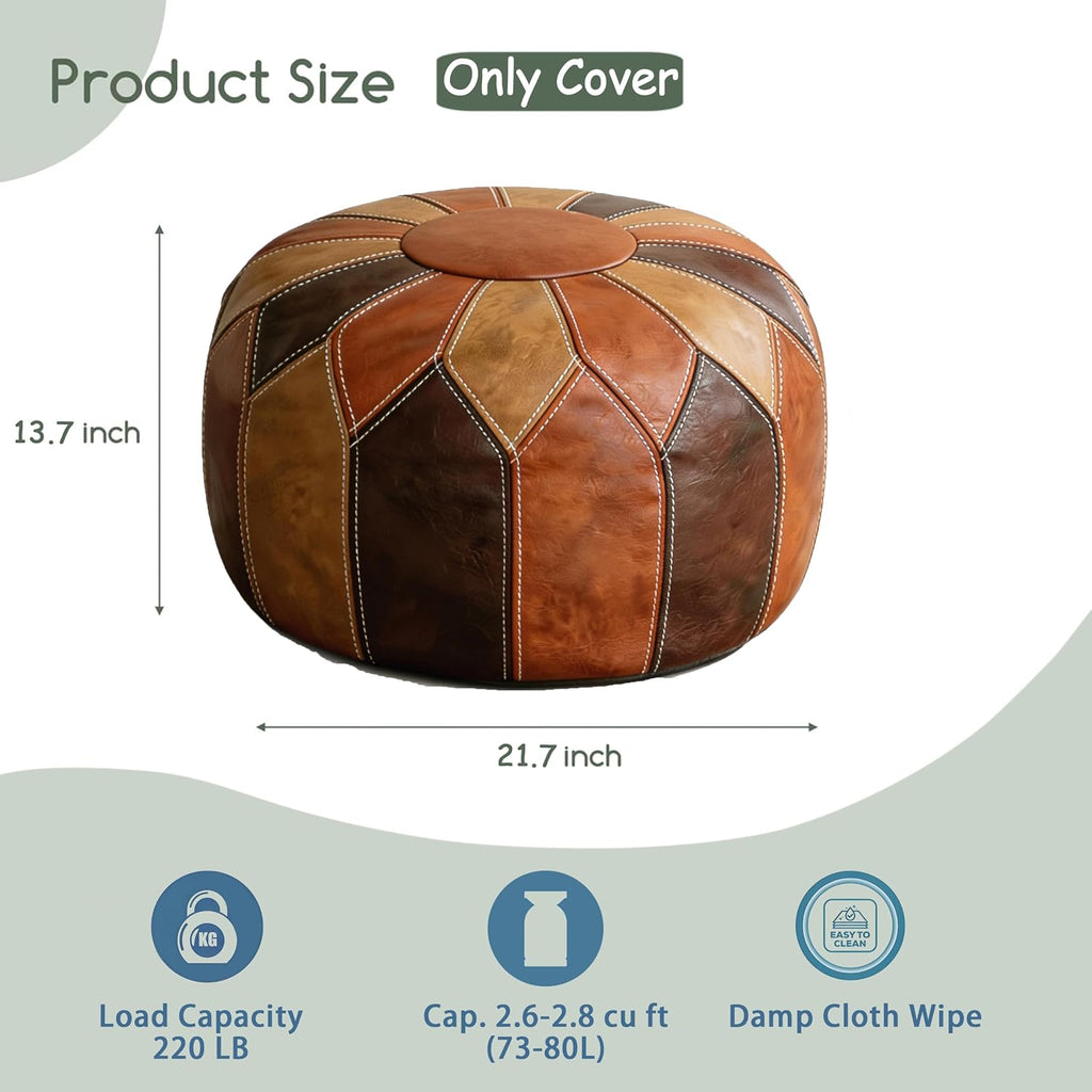 Thgonwid Round Unstuffed Pouf Cover, Faux Leather Storage Ottoman, Boho Moroccan Foot Stool, Multi-Purpose Home Decor for Living Room, Bedroom and Balcony, Retro Moroccan Color, No Filling Included