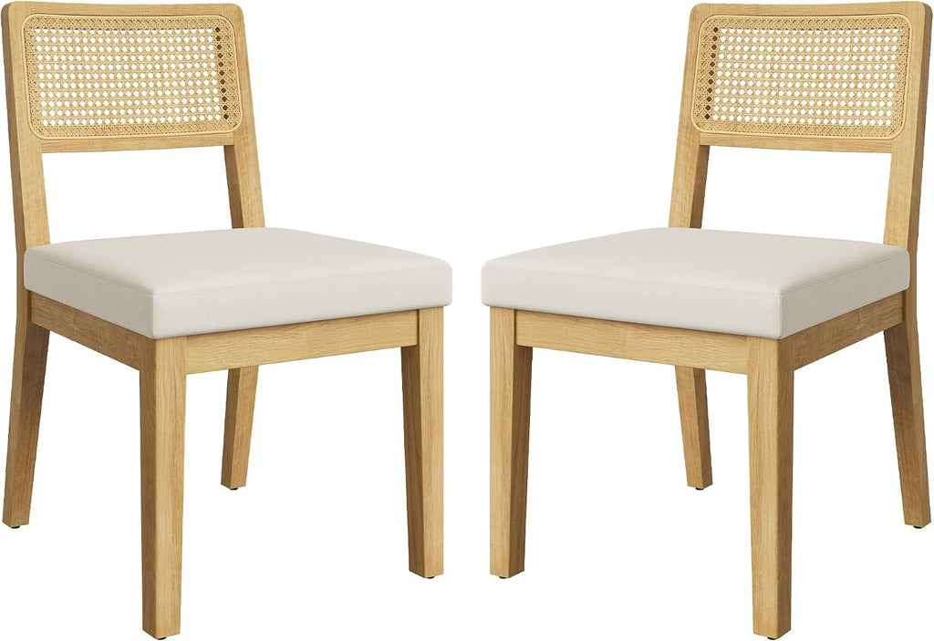Garvee Rattan Dining Chairs Set of 2, French Country Upholstered Dining Chairs Wood Frame, Rattan Backrest, Armless Chair for Kitchen Restaurant Dining Room Bedroom, Linen, Natural
