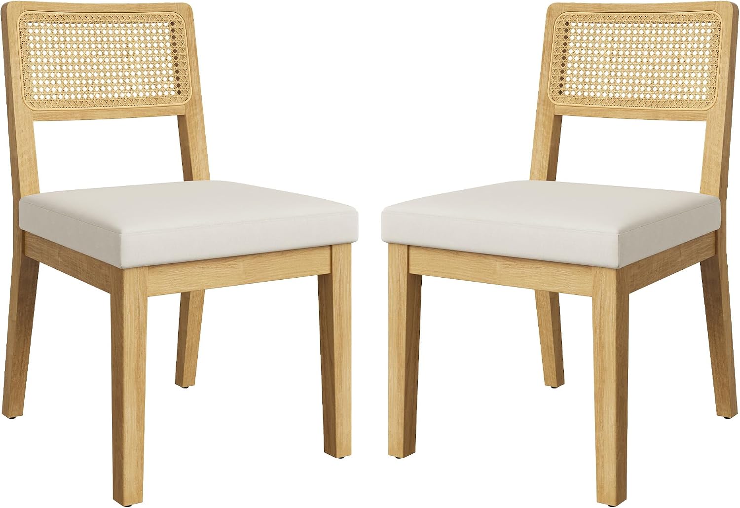 Garvee Rattan Dining Chairs Set of 2, French Country Upholstered Dining Chairs Wood Frame, Rattan Backrest, Armless Chair for Kitchen Restaurant Dining Room Bedroom, Linen, Natural