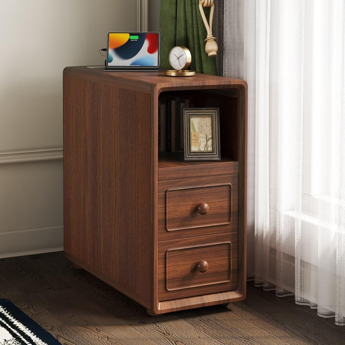 JIJIWANG Tall End Table with Drawers, 47.2" Corner Shelf Table with Open Storage, Narrow Side Table for Bedroom Living Room Small Space, Walnut
