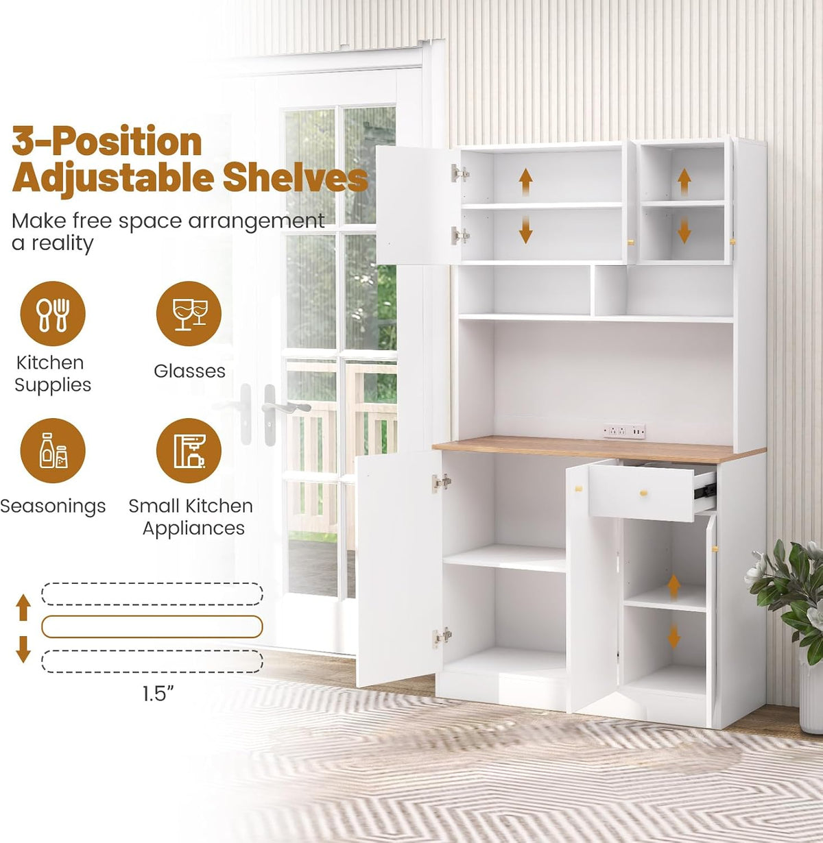 71" Tall Kitchen Hutch, Modern Pantry Storage Cabinet with Power Outlets, Microwave Shelf, Adjustable Shelves, Freestanding Buffet Cupboard for Dining Room