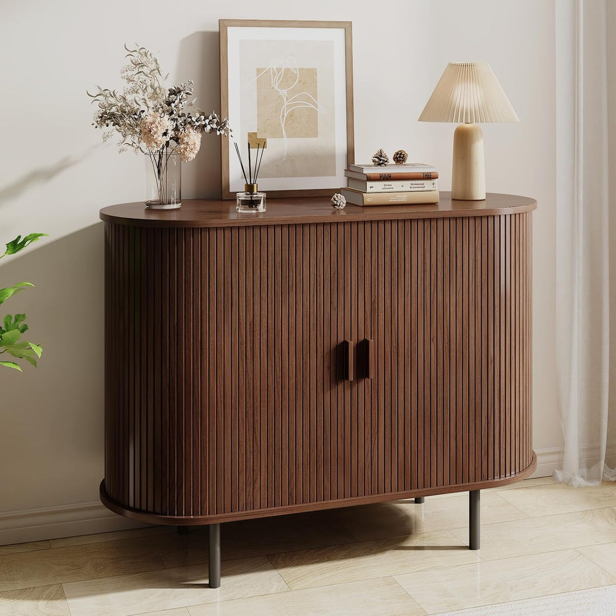 Buffet Sideboard Cabinet with Fluted Sliding Door, 40" Storage Console Table with Adjustable Shelf for Kitchen, Entryway, or Living Room, Modern Accent Coffee Bar, Walnut