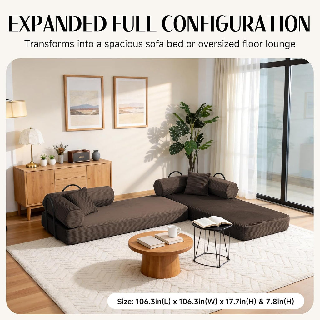 79" Corduroy Sofa Bed, Couch in a Box with 2 Pillows, High-Density Foam 4-in-1 Foldable Sleeper Futon Loveseat for Small Spaces, No Assembly, Side Pockets, Hex Arm Brown