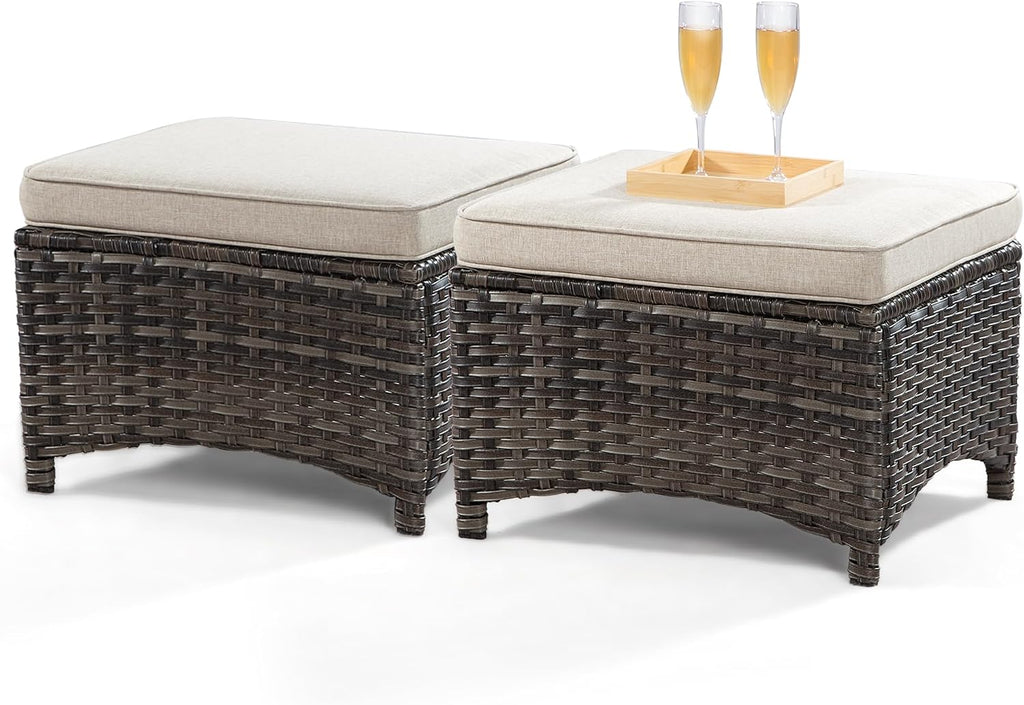 Outdoor Ottomans for Patio Set of 2 PE Wicker Steel Frame Outdoor Footstool with Removable Olefin Cushions for Patio, Backyard and Deck, Beige