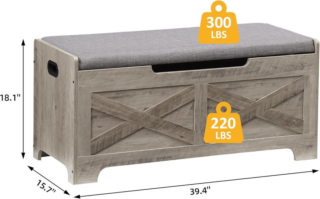 IDEALHOUSE 39.4" Storage Bench with 2 Safety Hinges, Grey | Retro Wooden Storage Chest, Loads 300 lb, Easy Assembly, Storage Ottoman Bench for Bedroom Entryway Living Room