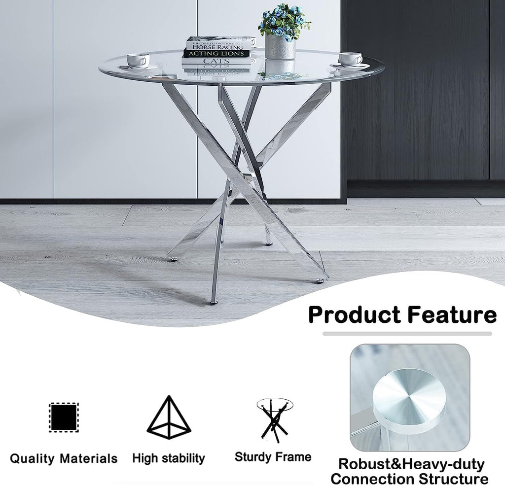 36" Luxury Glass Dining Table Set for 2, 3 Piece Modern Round Dining Tables with 2 White Leather Chairs, Dining Room Tables with Stainless Steel Base, Silver Kitchen Table and Chair Set for 2