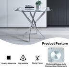36" Luxury Glass Dining Table Set for 2, 3 Piece Modern Round Dining Tables with 2 White Leather Chairs, Dining Room Tables with Stainless Steel Base, Silver Kitchen Table and Chair Set for 2