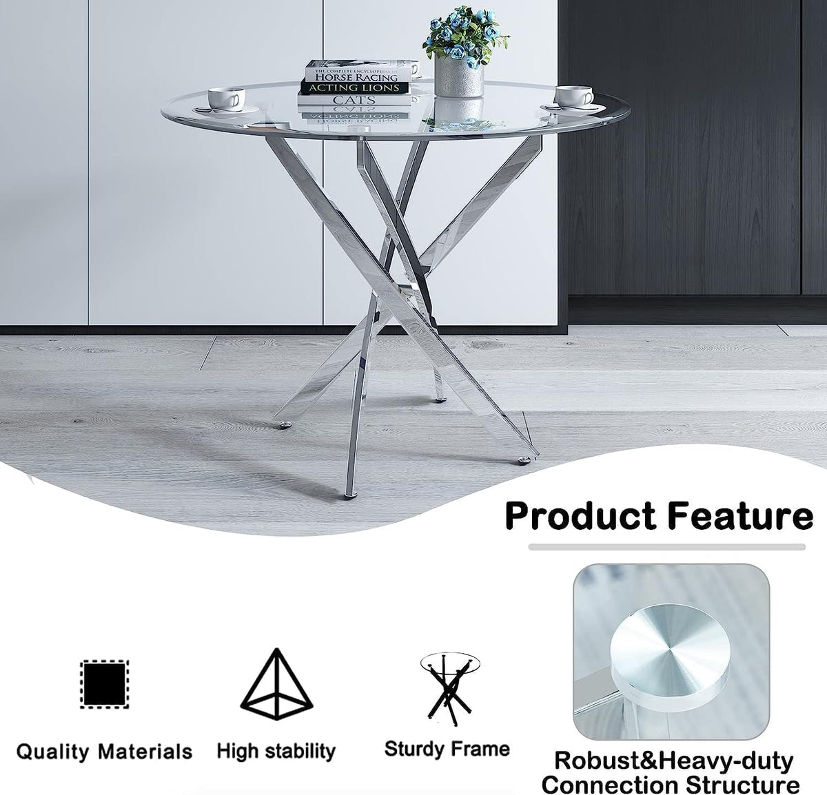 36" Luxury Glass Dining Table Set for 2, 3 Piece Modern Round Dining Tables with 2 White Leather Chairs, Dining Room Tables with Stainless Steel Base, Silver Kitchen Table and Chair Set for 2