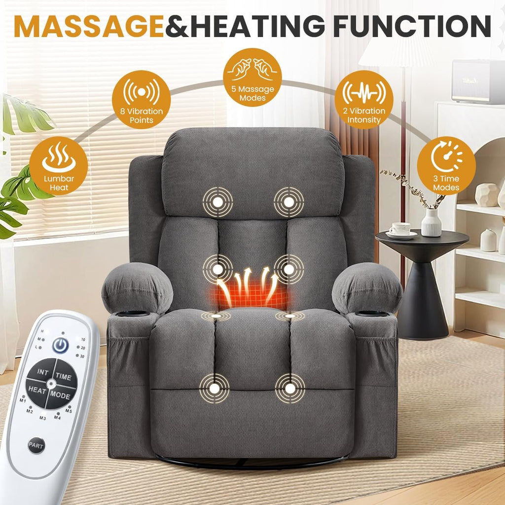 Swivel Rocker Recliner Chair with Vibration Massage & Lumbar Heating, Ergonomic Lounge Chair for Living Room, Rocking Function, Side Pocket, 2 Cup Holders, USB Charging Port