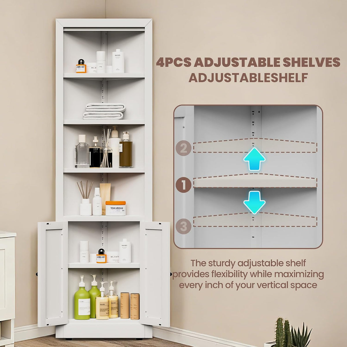 Metal Pantry Storage Cabinet with 4 Adjustable Shelves, 71" Tall Corner Cabinet for Bathroom, Corner Shelf Cabinet for Kitchen, Dining Room, Living Room, Assembly Required(White)