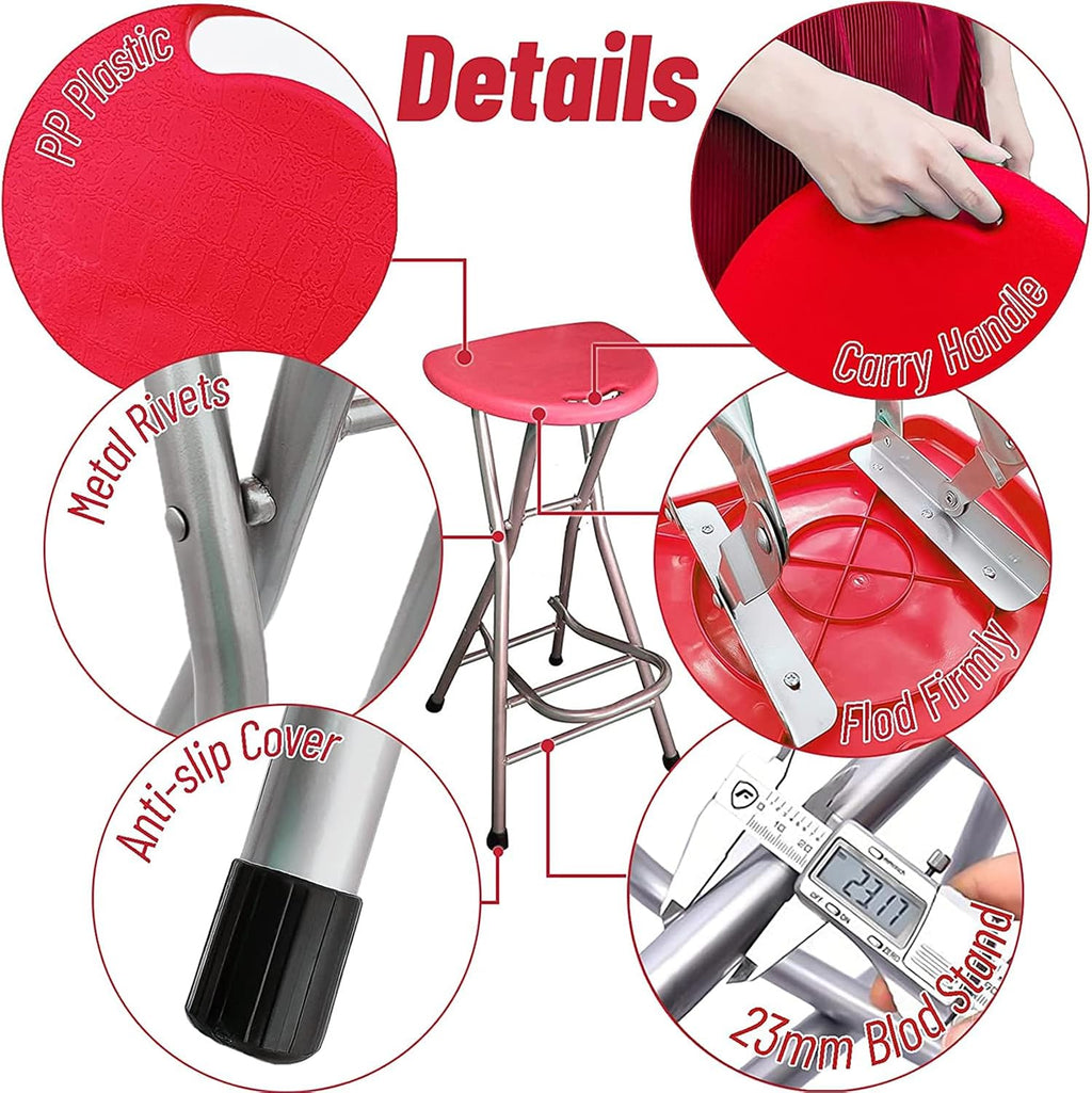 Folding Stools for Adults Portable, 28 inch Collapsible Stool Heavy Duty, Indoor Tall Bar stools with Handle, Plastic Counter Barstool Chair for Kitchen Outdoor Travel (Red A, H72xW31cm(28x12inch))