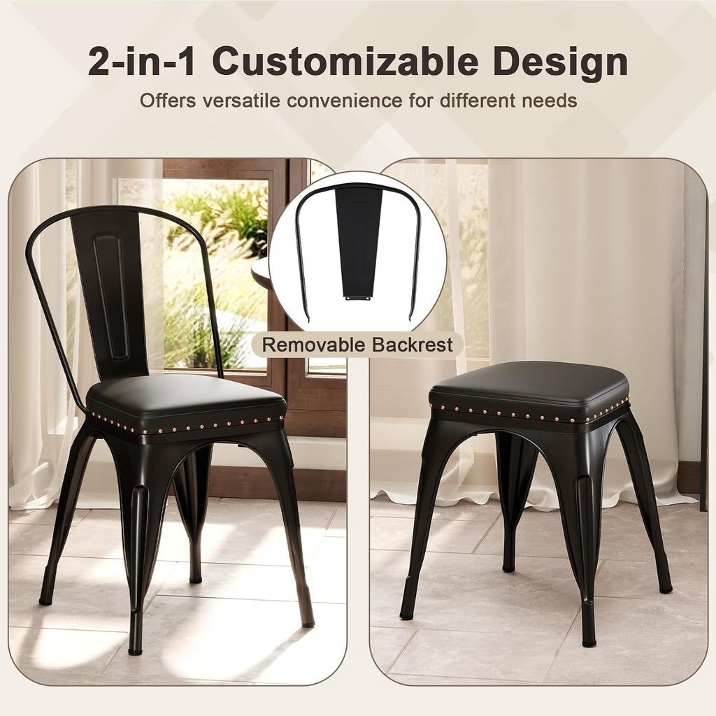 GIANTEX Metal Dining Chairs Set of 4, Stackable Armless Kitchen Side Chair with Detachable Backrest & PU Leather Padded Seat, Modern Dinette Chairs for Dining Room, Cafe, Restaurant, Bar (Black)