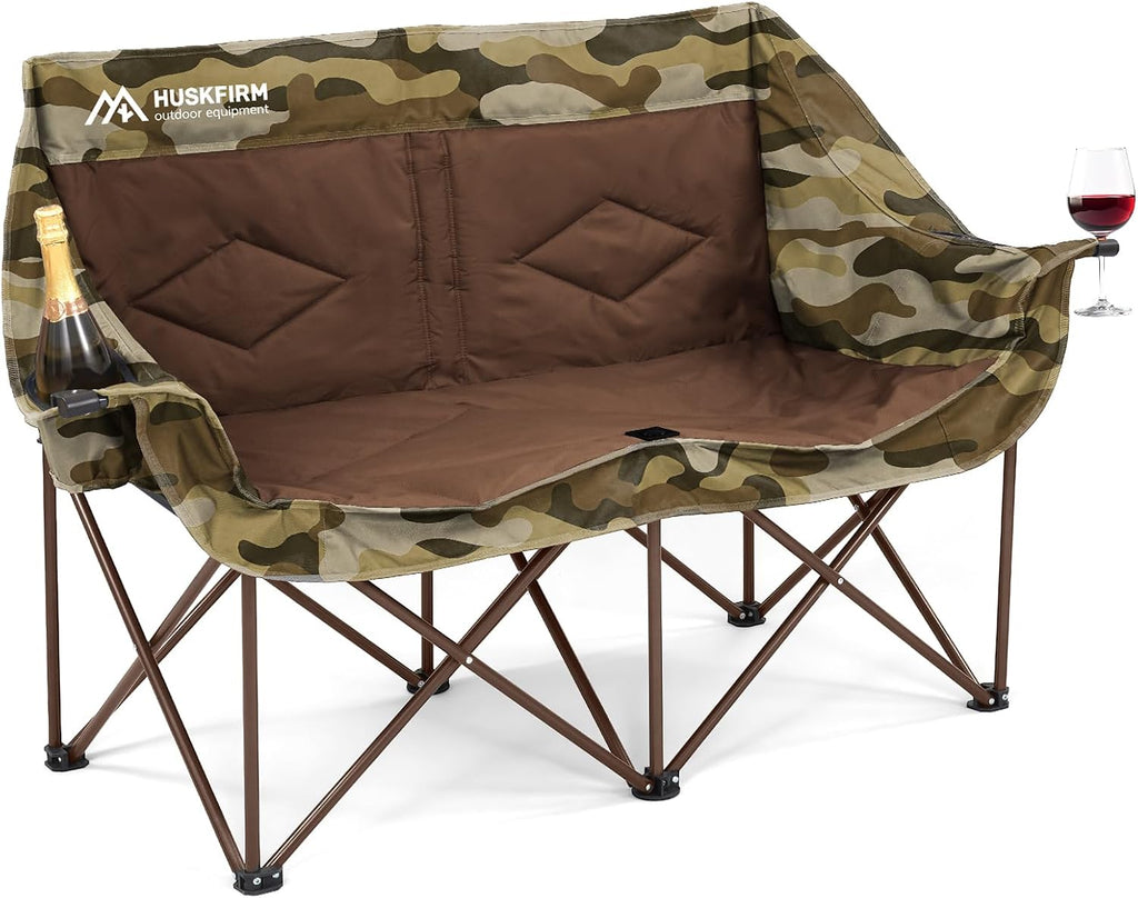 Double Camping Chairs Oversized Loveseat - 2 Person Camping Chair Portable Lawn Folding Chair for Outside Adults - Heavy Duty Outdoor Camping Couch with Cup Hold, Camouflage