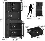72" Black Kitchen Pantry Cabinet with Lights and Charging Station, Tall Hutch Storage Cabinet Coffee Bar Cabinet with Microwave Shelf for Dining Room